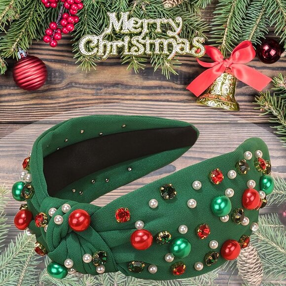 Green Pearl & Rhinestone Christmas Headband | Jeweled Knotted Hairband | Holiday - Picture 4 of 7